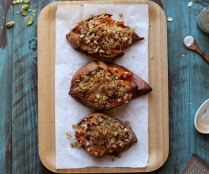 Oat and Pistachio Crumble Topped Baked Sweet Potatoes Recipe