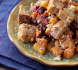 Roasted Root Vegetable Panzanella with Roasted Red Pepper Pomegranate Vinaigrette Recipe