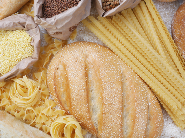 Different types of grains, bread pasta and quinoa