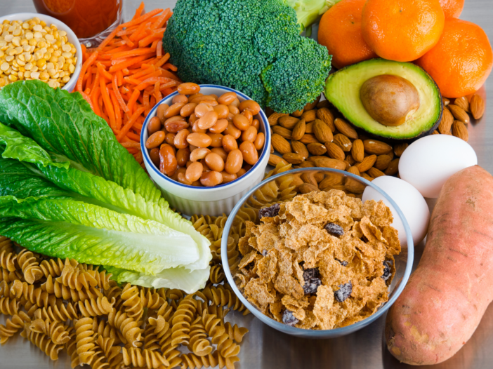 pasta, sweet potato, avocado, orange, broccoli, lentils, almonds, eggs