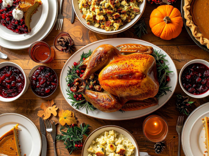 Thanksgiving table with turkey, stuffing, cranberries and pumpkin pie