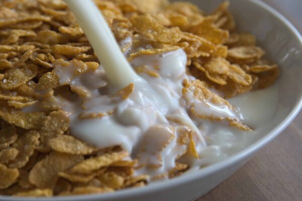 bowl with corn flakes, sugar and pouring milk