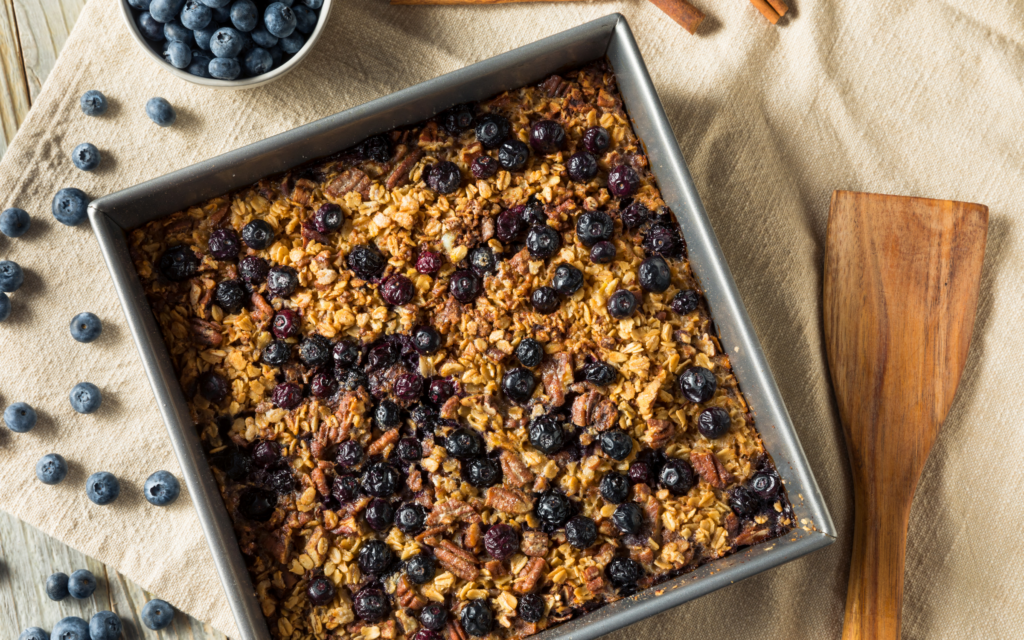 Whole Grain Swaps: Pan of baked oatmeal with blueberries