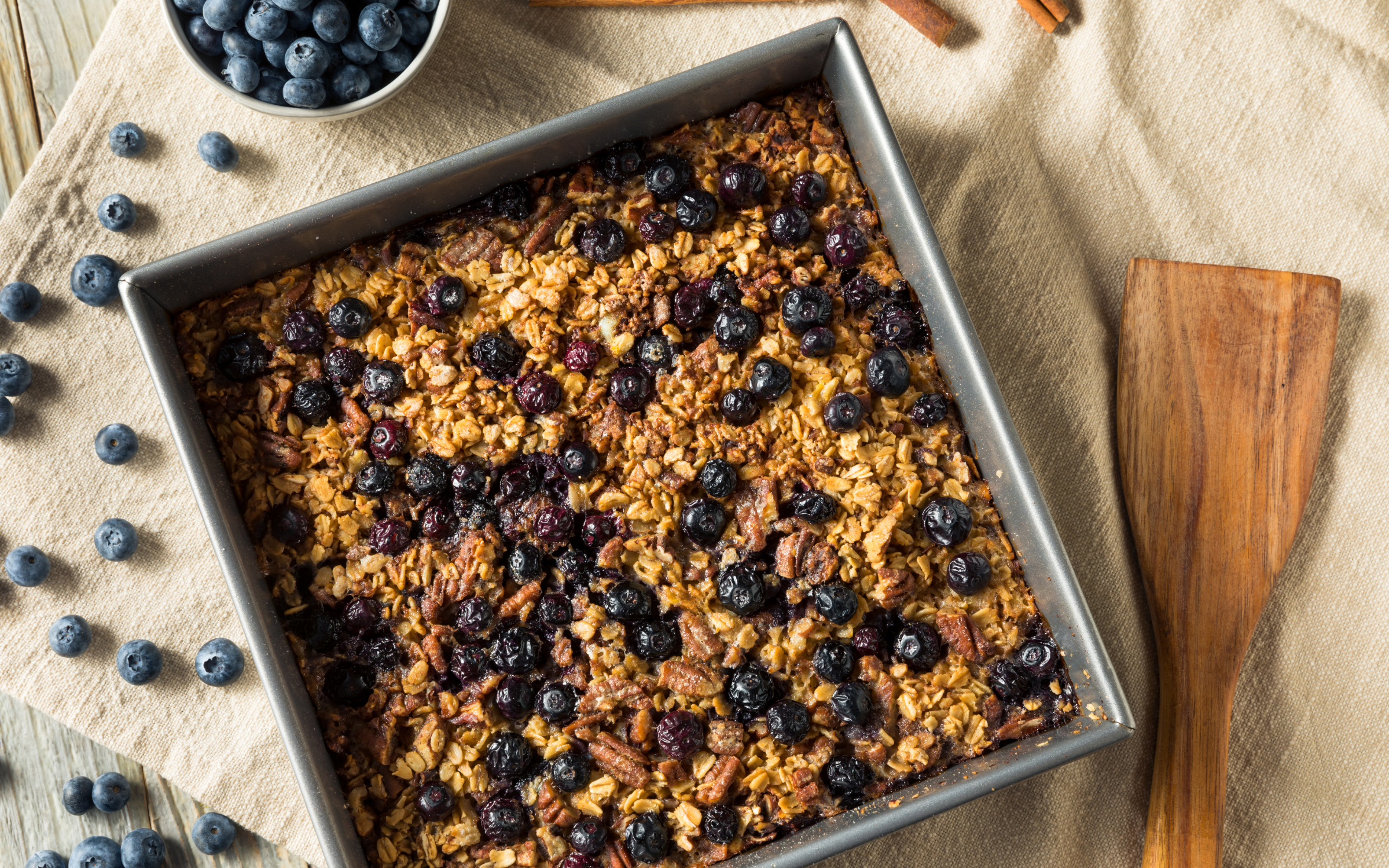 Whole Grain Swaps: Pan of baked oatmeal with blueberries