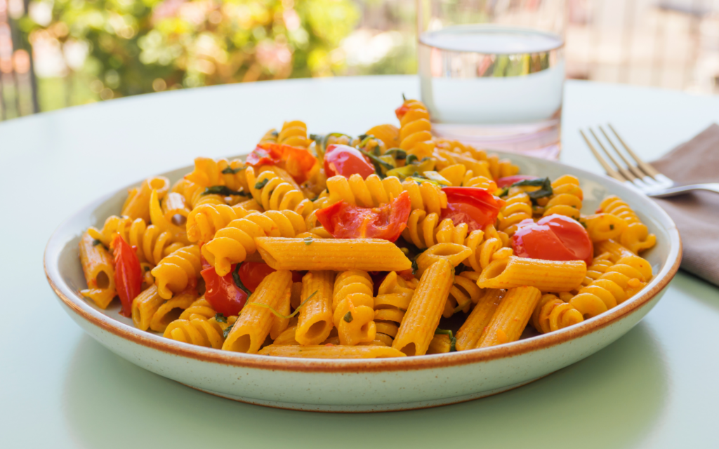 Bowl of whole wheat pasta tossed in tomato sauce