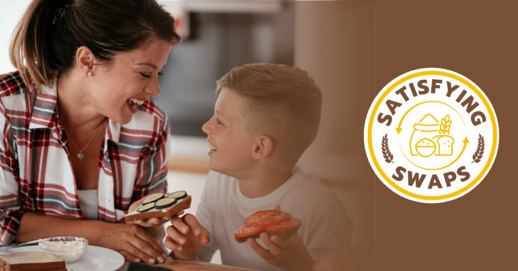 Mother and son enjoying toast with Satisfying Swaps logo overlaid