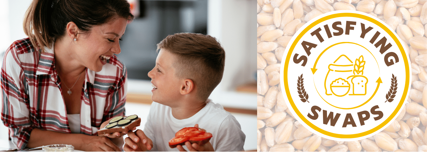 Mother and son enjoying toast with Satisfying Swaps logo overlaid