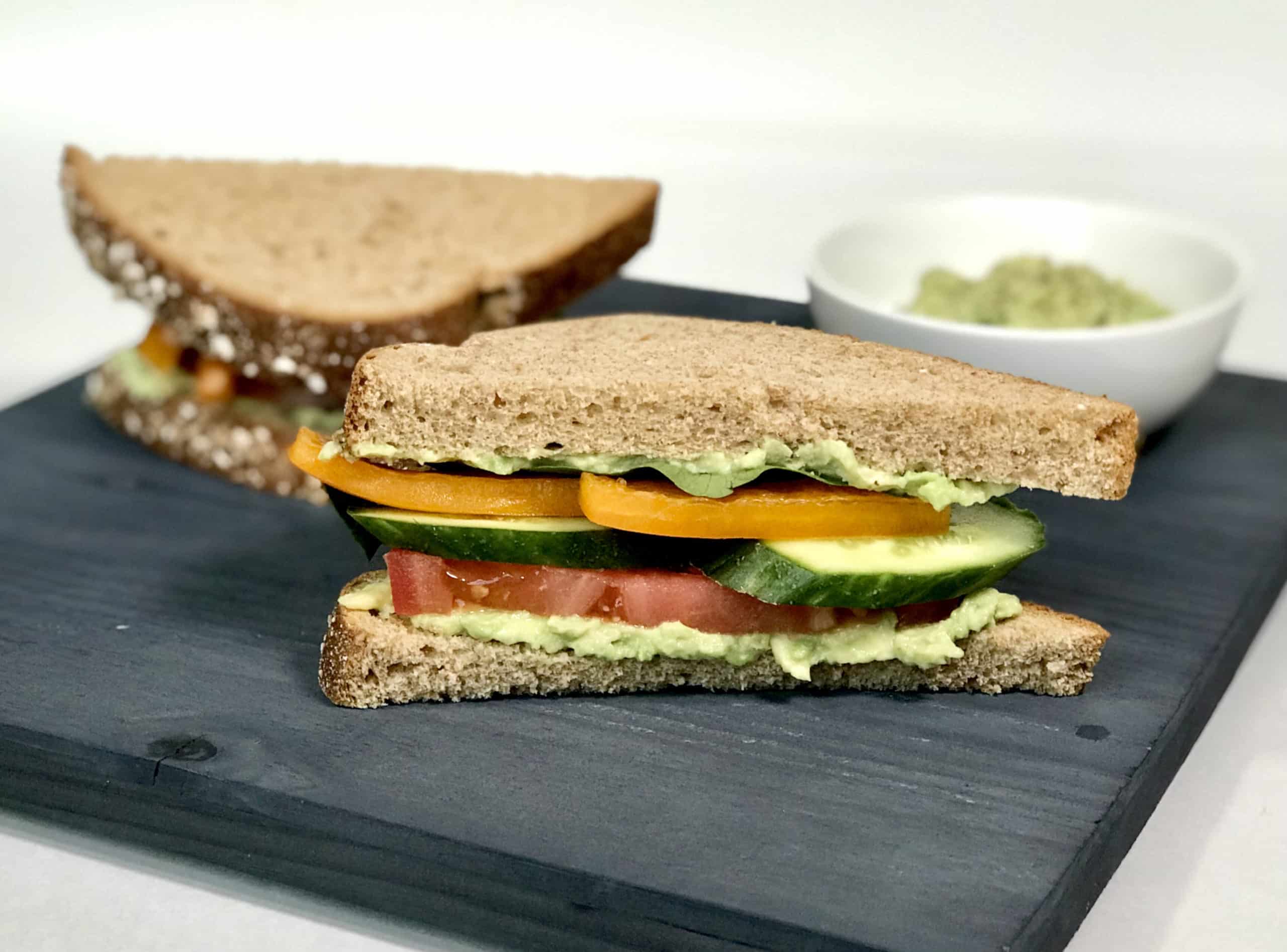 Best of Summer Avocado Veggie Sandwich, with cucumber, tomato and yellow pepper