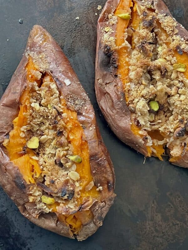 Oat and Pistachio Crumble Topped Baked Sweet Potatoes