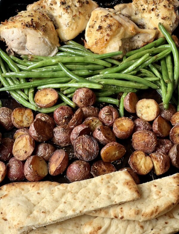 Rosemary Chicken Sheet Pan Dinner with naan, roasted potatoes and green beans