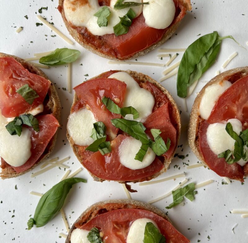 Toasty Pizza Muffins, with tomato and basil